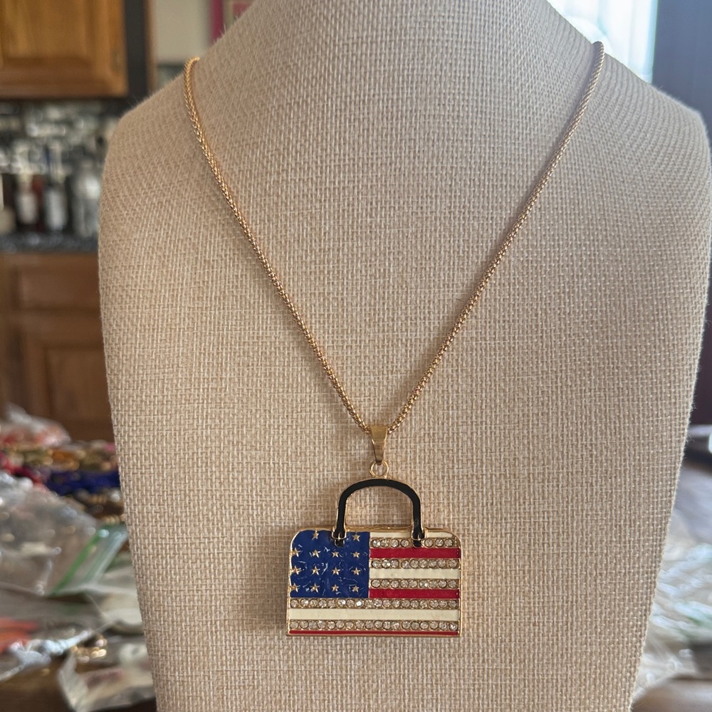 Betsey Johnson Gold Necklace with American Flag Pendant